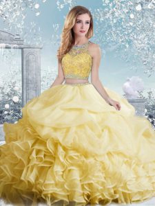 Fancy Yellow Sleeveless Floor Length Beading and Ruffles and Pick Ups Clasp Handle Ball Gown Prom Dress
