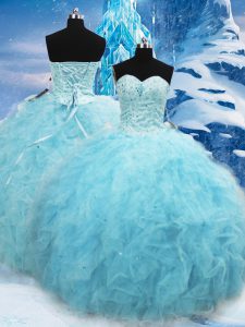 Admirable Tulle Sweetheart Sleeveless Lace Up Beading and Pick Ups Sweet 16 Quinceanera Dress in Aqua Blue