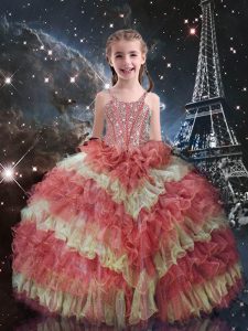 Watermelon Red Lace Up Straps Beading and Ruffled Layers Girls Pageant Dresses Organza Short Sleeves