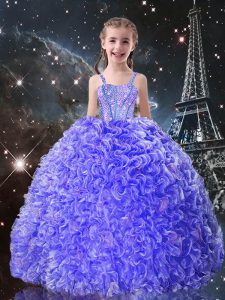 Blue Ball Gowns Straps Sleeveless Organza Floor Length Lace Up Beading and Ruffles Winning Pageant Gowns