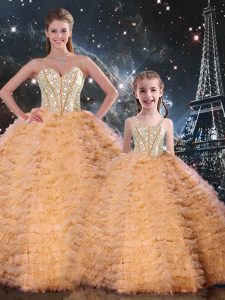 Tulle Sweetheart Sleeveless Lace Up Beading and Ruffles Sweet 16 Dress in Orange