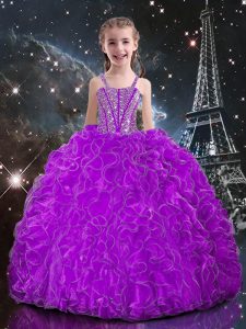 Classical Floor Length Eggplant Purple Pageant Dress for Girls Straps Sleeveless Lace Up