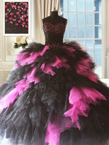 Enchanting Floor Length Lace Up Quinceanera Gowns Pink And Black for Military Ball and Sweet 16 and Quinceanera with Beading and Ruffles