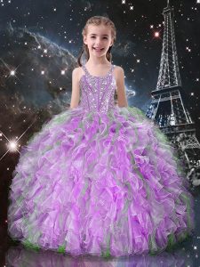 Lilac Ball Gowns Beading and Ruffles Child Pageant Dress Lace Up Organza Sleeveless Floor Length