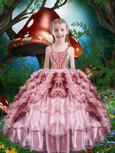 Baby Pink Lace Up Straps Beading and Ruffles and Ruffled Layers Custom Made Pageant Dress Organza Sleeveless