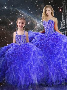 Delicate Blue Quince Ball Gowns Military Ball and Sweet 16 and Quinceanera with Beading and Ruffles Sweetheart Sleeveless Lace Up