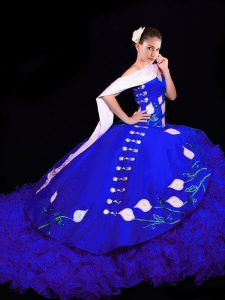 Customized Lace Up Ball Gown Prom Dress Royal Blue for Military Ball and Sweet 16 and Quinceanera with Embroidery Brush Train