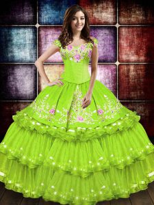 Glorious Yellow Green Taffeta Lace Up Quinceanera Gown Sleeveless Floor Length Embroidery and Ruffled Layers
