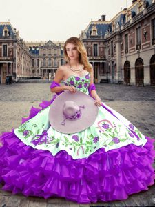 Charming Eggplant Purple Sleeveless Embroidery and Ruffled Layers Floor Length Sweet 16 Quinceanera Dress