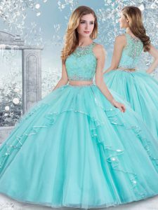 Pretty Aqua Blue Sweet 16 Quinceanera Dress Military Ball and Sweet 16 and Quinceanera with Beading and Lace Scoop Sleeveless Clasp Handle
