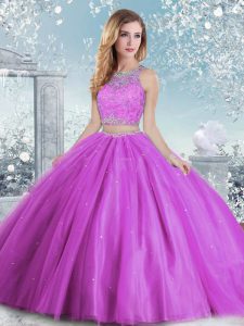 Gorgeous Lilac Clasp Handle Scoop Beading and Sequins Quinceanera Dress Tulle Sleeveless