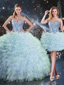 Perfect Aqua Blue Sleeveless Floor Length Beading and Ruffles Lace Up Vestidos de Quinceanera