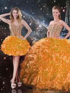 Elegant Orange Lace Up Sweet 16 Dress Beading and Ruffles Sleeveless Floor Length