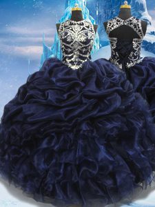 Fantastic Navy Blue Lace Up High-neck Appliques and Ruffles and Pick Ups 15th Birthday Dress Taffeta Sleeveless