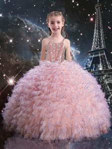 New Arrival Pink Ball Gowns Straps Short Sleeves Organza Floor Length Lace Up Beading and Ruffles Little Girls Pageant Dress