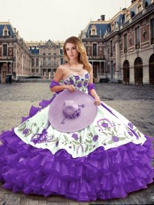 Lavender Ball Gowns Embroidery and Ruffled Layers 15 Quinceanera Dress Lace Up Organza Sleeveless Floor Length