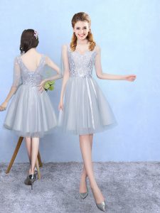 Silver Empire Lace Dama Dress for Quinceanera Lace Up Tulle Half Sleeves Knee Length