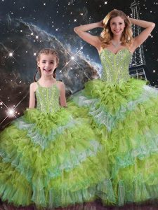 Custom Fit Beading and Ruffled Layers and Sequins 15 Quinceanera Dress Multi-color Lace Up Sleeveless Floor Length