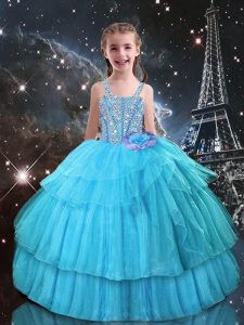 Aqua Blue Lace Up Straps Beading and Ruffled Layers Little Girl Pageant Dress Organza Sleeveless