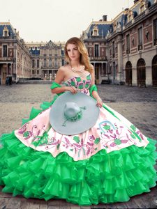 Customized Green Ball Gowns Sweetheart Sleeveless Organza Floor Length Lace Up Embroidery and Ruffled Layers 15 Quinceanera Dress