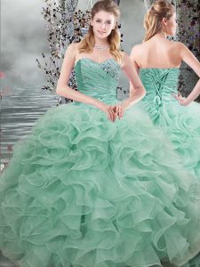 Apple Green Organza Lace Up Sweetheart Sleeveless Floor Length Sweet 16 Dress Beading and Ruffles