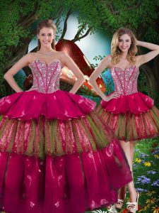 Pretty Burgundy Sleeveless Floor Length Beading and Ruffled Layers Lace Up Quinceanera Gown