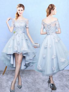 Light Blue A-line Off The Shoulder Short Sleeves Tulle High Low Lace Up Lace Damas Dress
