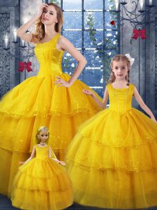 Pretty Gold Ball Gowns Organza Straps Sleeveless Ruffled Layers Floor Length Lace Up Sweet 16 Dress