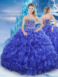 Smart Royal Blue Organza Lace Up Strapless Sleeveless Floor Length 15th Birthday Dress Beading and Appliques and Ruffles
