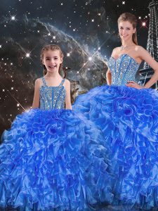 Sweetheart Sleeveless Sweet 16 Dress Floor Length Beading and Ruffles Royal Blue Organza