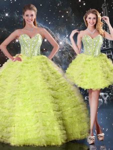 Extravagant Tulle Sweetheart Sleeveless Lace Up Beading and Ruffles Sweet 16 Quinceanera Dress in Yellow Green