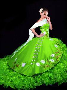 Super Sleeveless Brush Train Lace Up Embroidery and Ruffles Quinceanera Dress