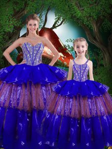Hot Selling Royal Blue Organza Lace Up Sweetheart Sleeveless Floor Length Quince Ball Gowns Beading and Ruffled Layers