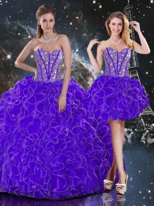 Trendy Purple Ball Gowns Sweetheart Sleeveless Organza Floor Length Lace Up Beading and Ruffles Sweet 16 Quinceanera Dress