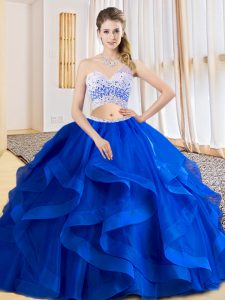 Royal Blue Quinceanera Dresses Military Ball and Sweet 16 and Quinceanera with Beading and Ruffles One Shoulder Sleeveless Criss Cross