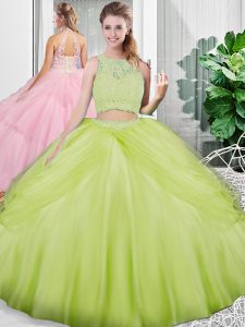 Floor Length Lace Up Quinceanera Gowns Yellow Green for Military Ball and Sweet 16 and Quinceanera with Lace and Ruching