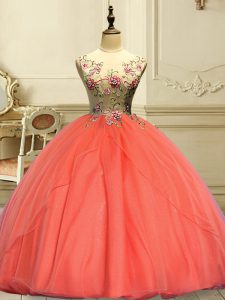 Affordable Orange Red Scoop Neckline Appliques Quinceanera Dresses Sleeveless Lace Up