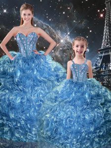 Fine Baby Blue Ball Gowns Sweetheart Sleeveless Organza Floor Length Lace Up Beading and Ruffles Quinceanera Gowns