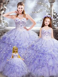 Beautiful Sleeveless Floor Length Beading and Ruffles Lace Up Quinceanera Dresses with Lavender