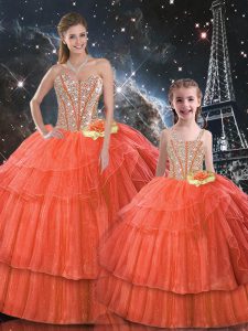 Rust Red Organza Lace Up Sweetheart Sleeveless Floor Length Quinceanera Dresses Ruffled Layers