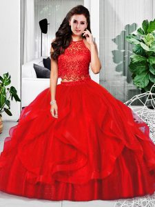 Sexy Red Tulle Zipper Sweet 16 Dress Sleeveless Floor Length Lace and Ruffles