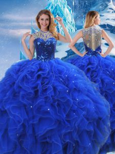 Nice Royal Blue 15 Quinceanera Dress Military Ball and Sweet 16 and Quinceanera with Ruffles and Sequins Scoop Sleeveless Zipper