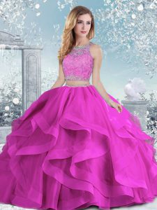 Captivating Sleeveless Floor Length Beading and Ruffles Clasp Handle Quinceanera Gowns with Fuchsia