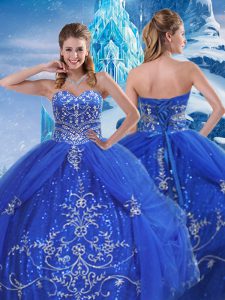 Blue Ball Gowns Tulle Sweetheart Sleeveless Beading and Appliques Floor Length Lace Up 15th Birthday Dress