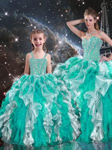 Vintage Beading and Ruffles Sweet 16 Dress Multi-color Lace Up Sleeveless Floor Length