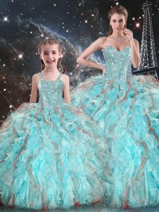 Organza Sweetheart Sleeveless Lace Up Beading and Ruffles Sweet 16 Quinceanera Dress in Aqua Blue