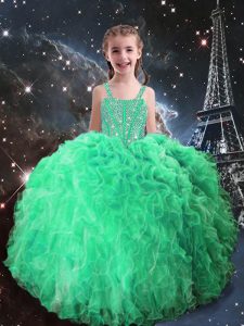 Top Selling Floor Length Apple Green Pageant Gowns Straps Sleeveless Lace Up