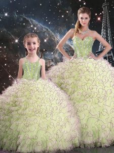 Low Price Yellow Green Sleeveless Floor Length Beading and Ruffles Lace Up Quinceanera Gown
