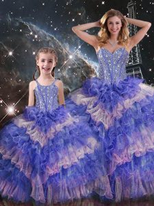 Charming Multi-color Lace Up Sweet 16 Dress Ruffled Layers and Sequins Sleeveless Floor Length