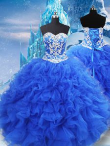 Great Sweetheart Sleeveless Ball Gown Prom Dress Floor Length Beading and Ruffles Blue Organza